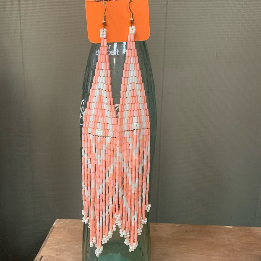 Peach white beaded “shoulder duster” earrings!